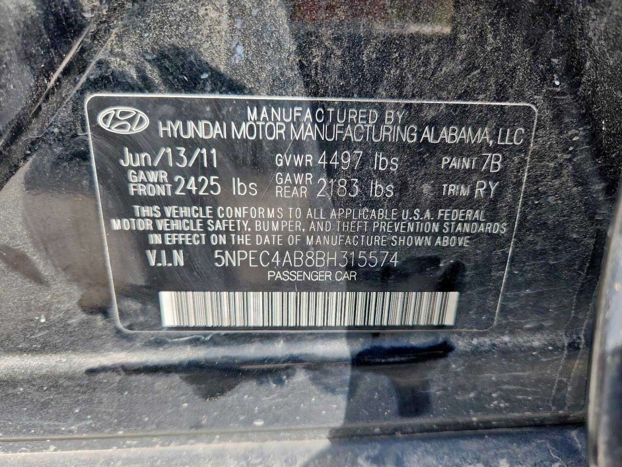 2011 Hyundai Sonata Se VIN: 5NPEC4AB8BH315574 Lot: 71906465