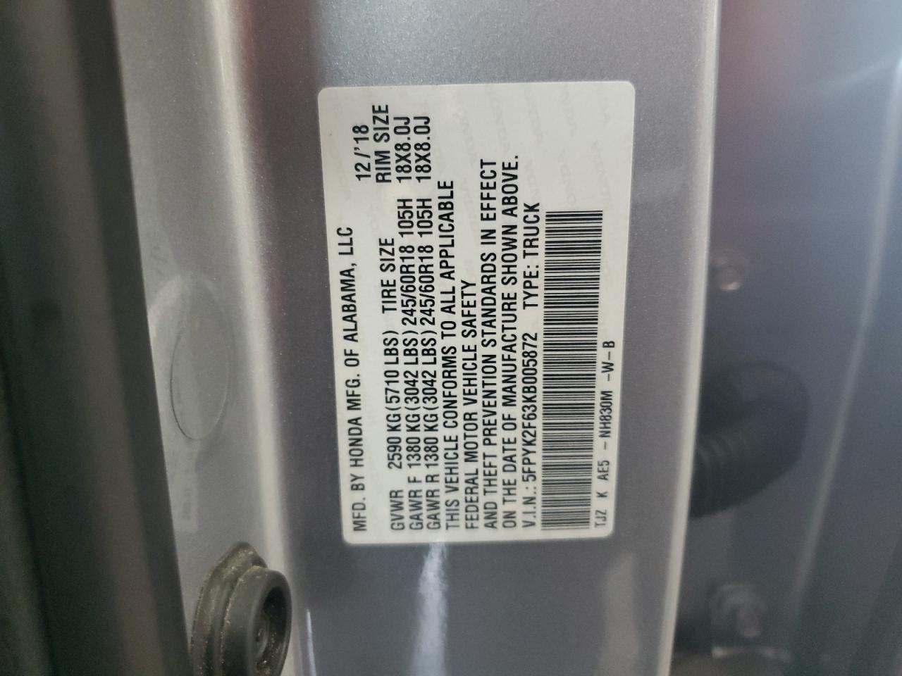 2019 Honda Ridgeline Rtl VIN: 5FPYK2F63KB005872 Lot: 82123335