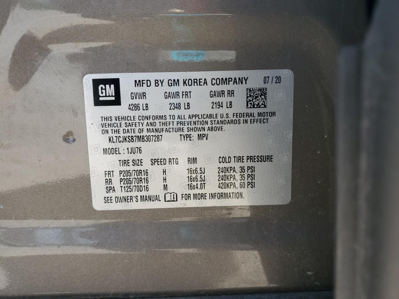 2021 Chevrolet Trax Ls VIN: KL7CJKSB7MB307287 Lot: 71273885