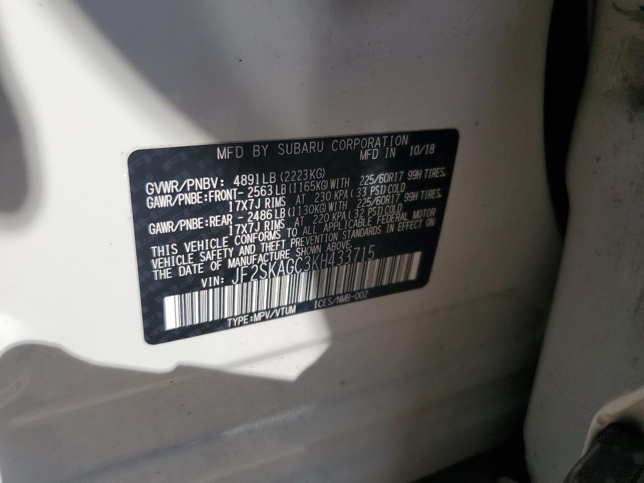 2019 Subaru Forester Premium VIN: JF2SKAGC3KH433715 Lot: 84260995