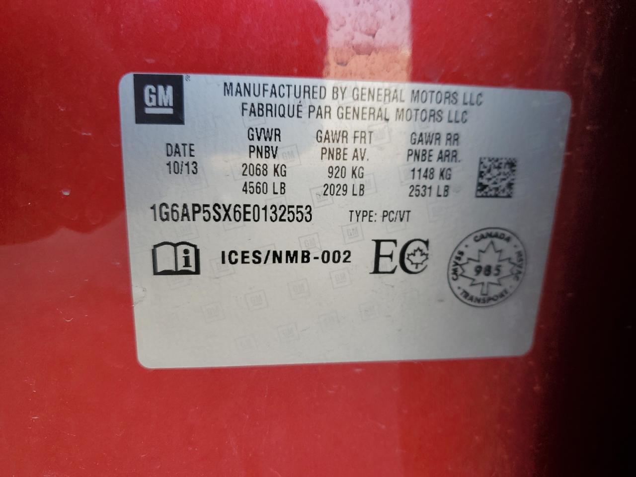 2014 Cadillac Cts VIN: 1G6AP5SX6E0132553 Lot: 71964055