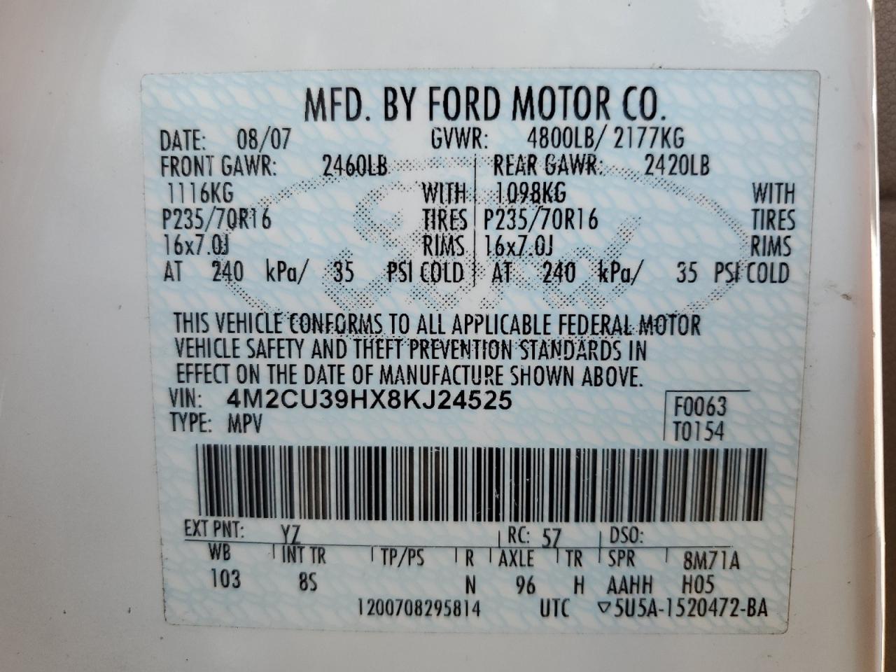 2008 Mercury Mariner Hev VIN: 4M2CU39HX8KJ24525 Lot: 80331035