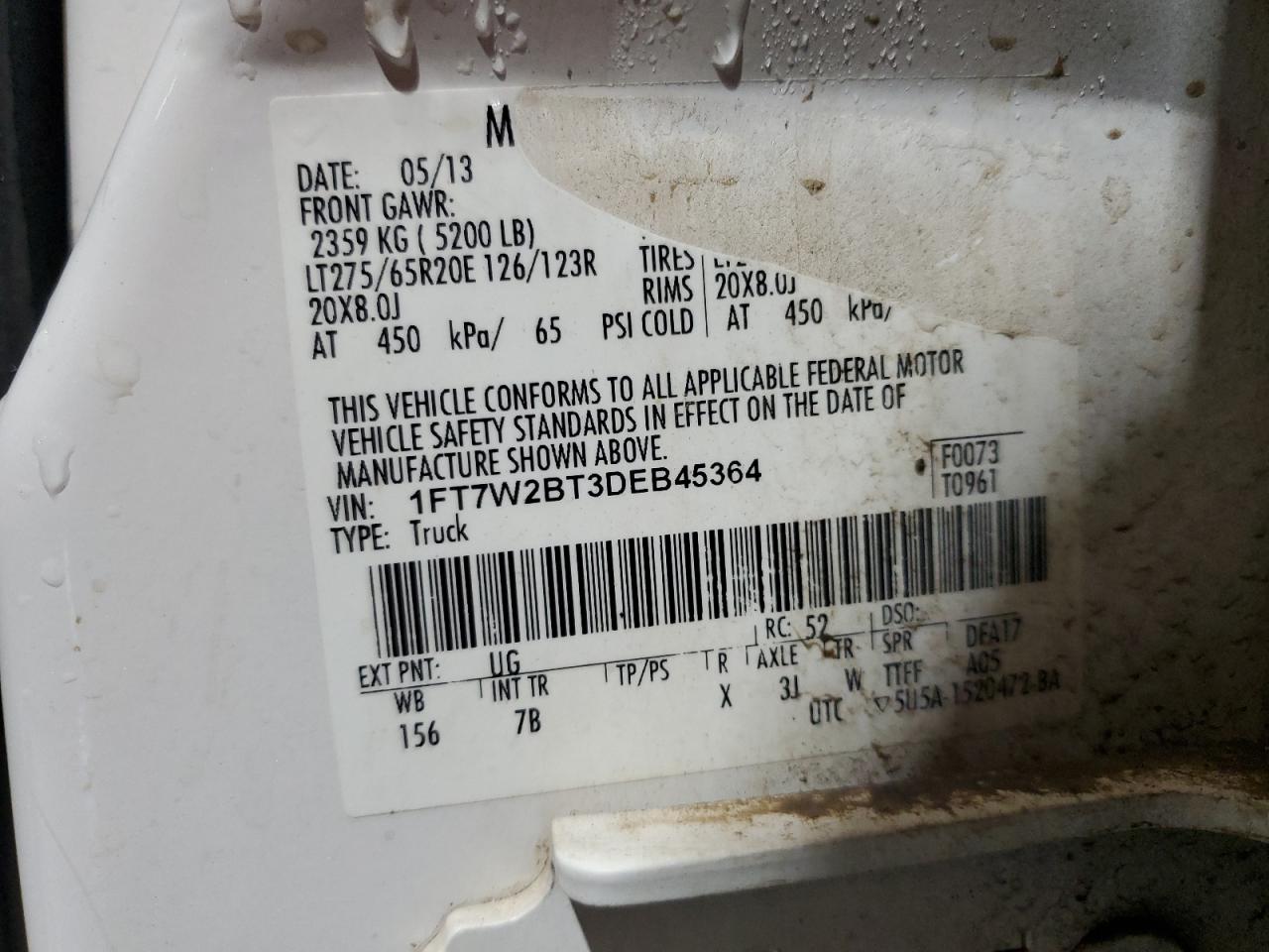 2013 Ford F250 Super Duty VIN: 1FT7W2BT3DEB45364 Lot: 80400185