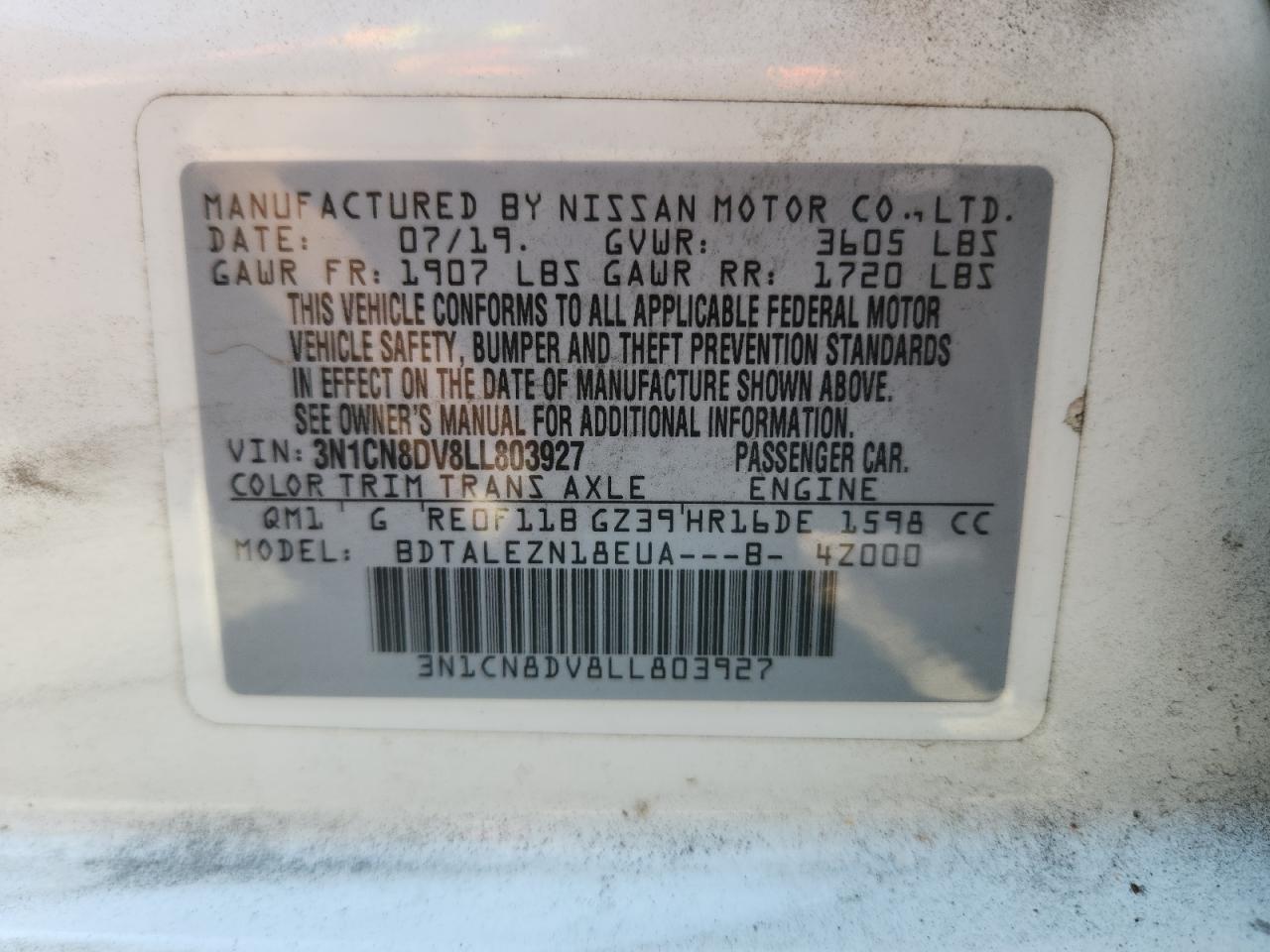 2020 Nissan Versa S VIN: 3N1CN8DV8LL803927 Lot: 80058345
