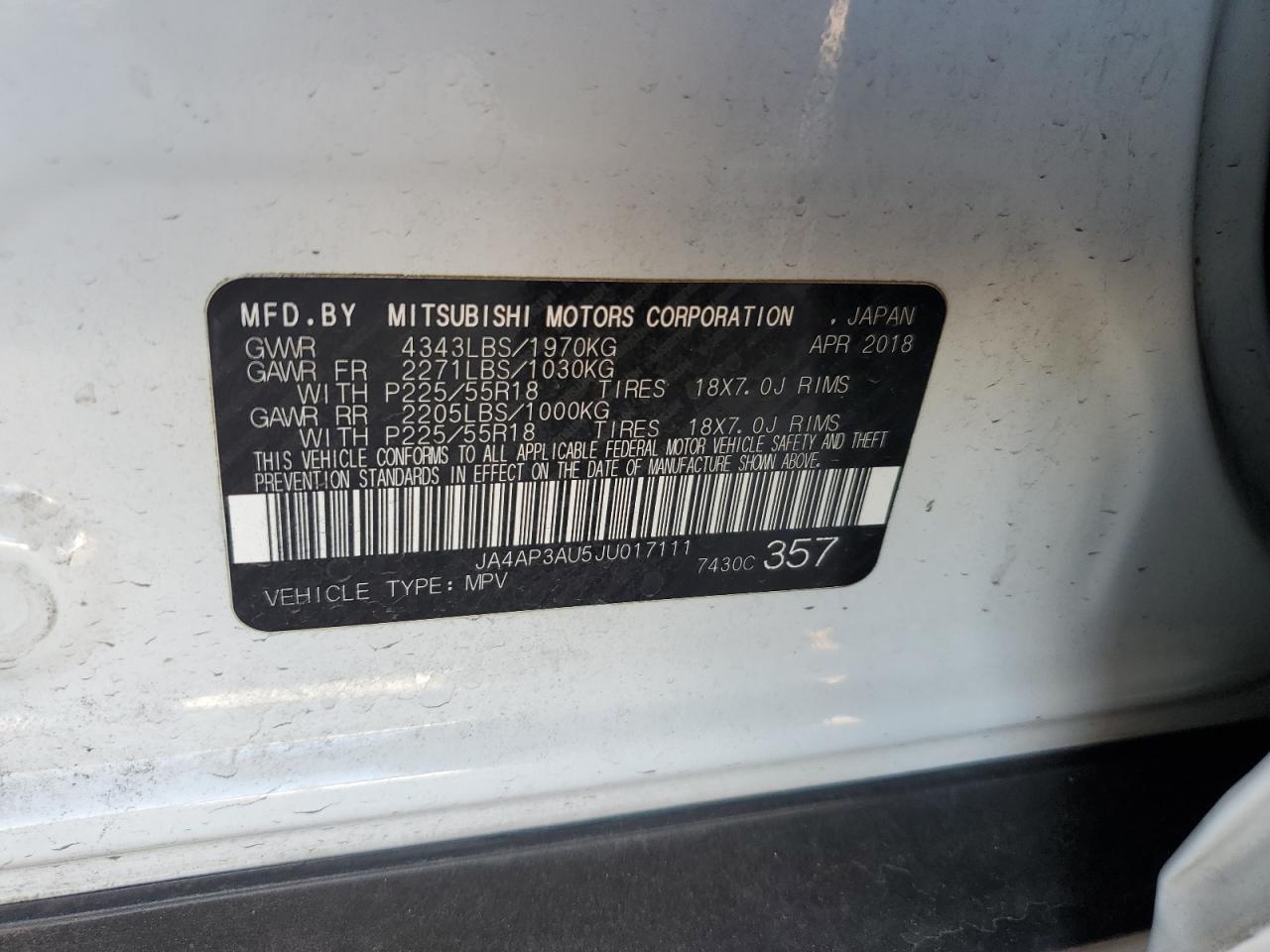 2018 Mitsubishi Outlander Sport Es VIN: JA4AP3AU5JU017111 Lot: 80486205