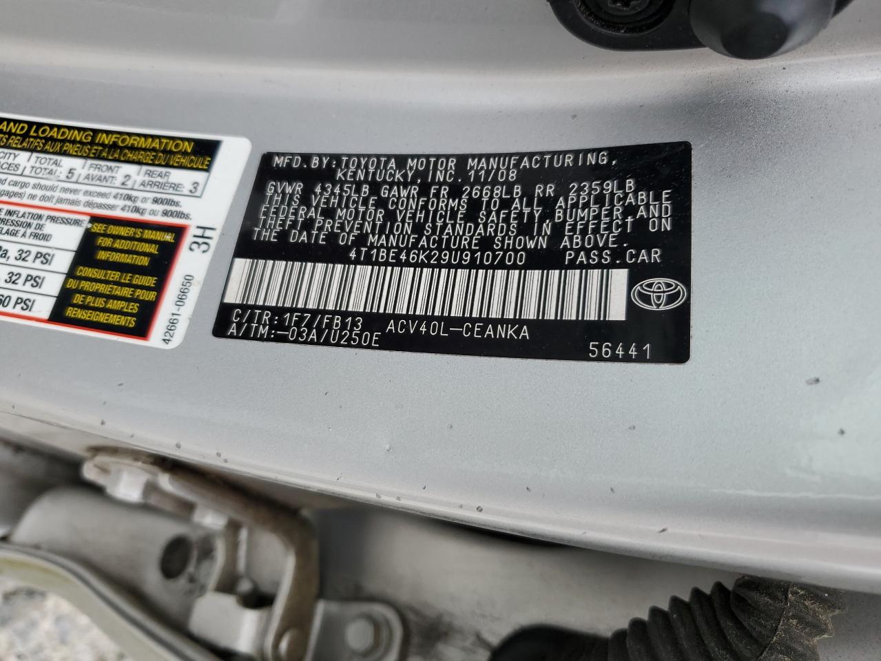 2009 Toyota Camry Base VIN: 4T1BE46K29U910700 Lot: 81823395