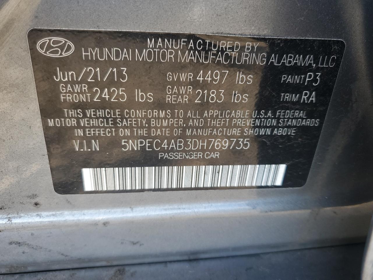 2013 Hyundai Sonata Se VIN: 5NPEC4AB3DH769735 Lot: 80191535