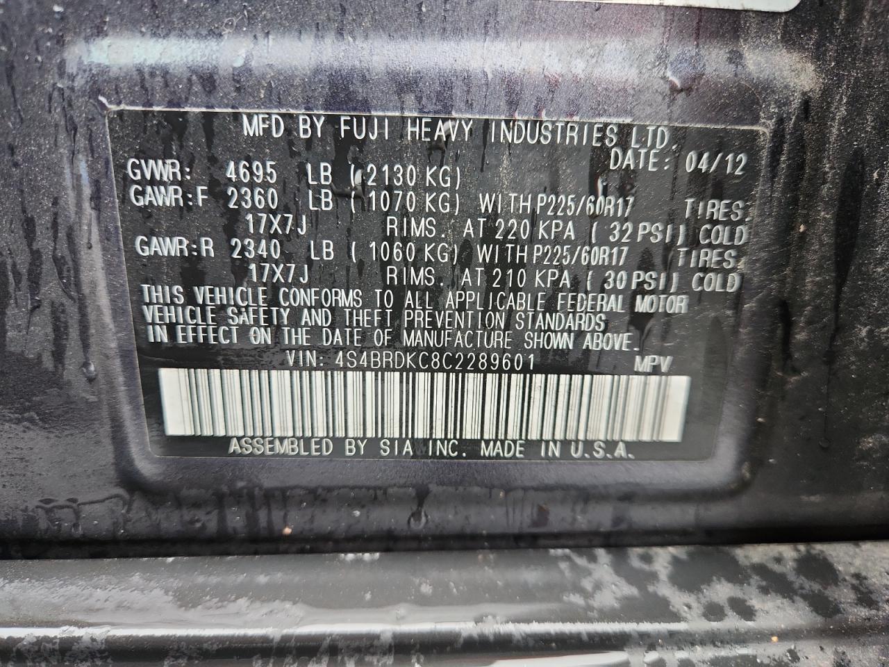 2012 Subaru Outback 3.6R Limited VIN: 4S4BRDKC8C2289601 Lot: 81591735