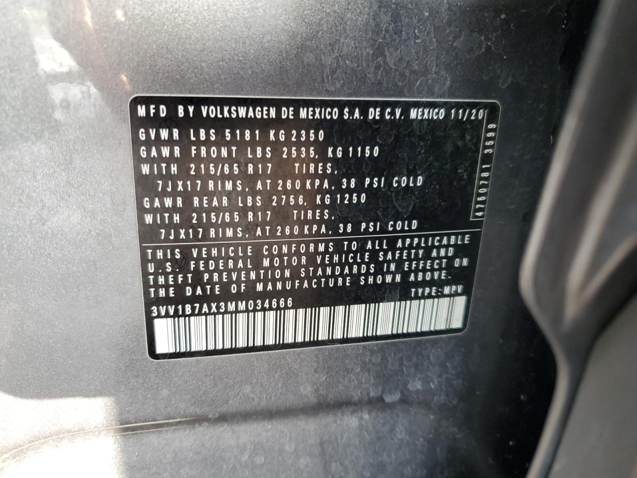 2021 Volkswagen Tiguan S VIN: 3VV1B7AX3MM034666 Lot: 81894185