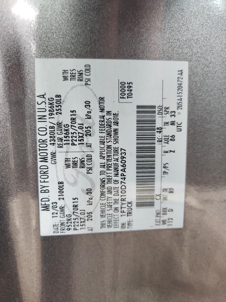 2004 Ford Ranger VIN: 1FTYR10D74PA60937 Lot: 81663255