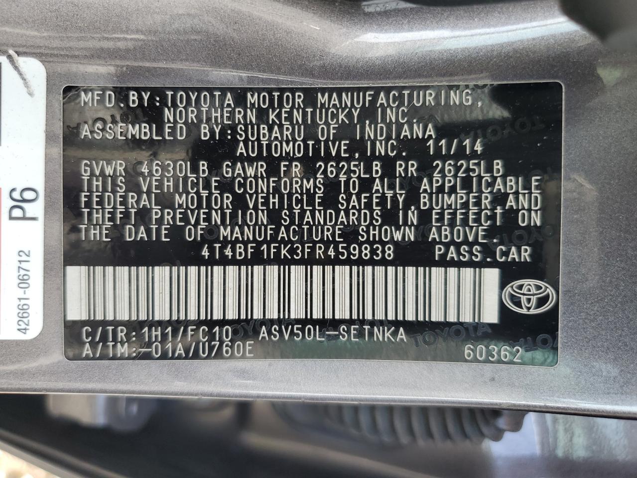 2015 Toyota Camry Le VIN: 4T4BF1FK3FR459838 Lot: 82046335