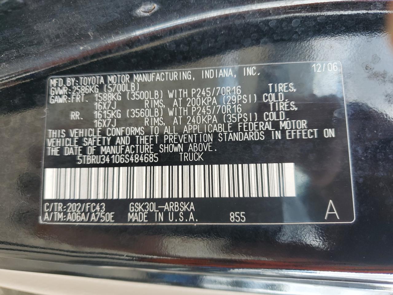 2006 Toyota Tundra Access Cab Sr5 VIN: 5TBRU34106S484685 Lot: 81352605