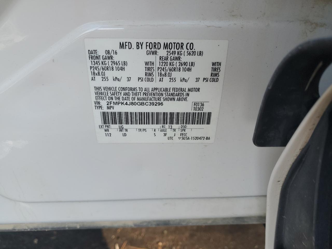 2016 Ford Edge Sel VIN: 2FMPK4J80GBC39296 Lot: 80527555