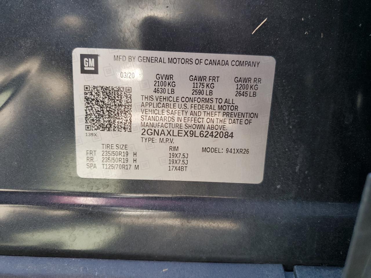 2020 Chevrolet Equinox Lt VIN: 2GNAXLEX9L6242084 Lot: 71063555