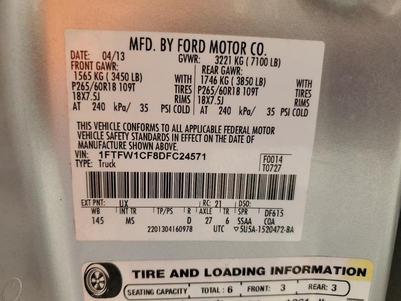 2013 Ford F150 Supercrew VIN: 1FTFW1CF8DFC24571 Lot: 80031555