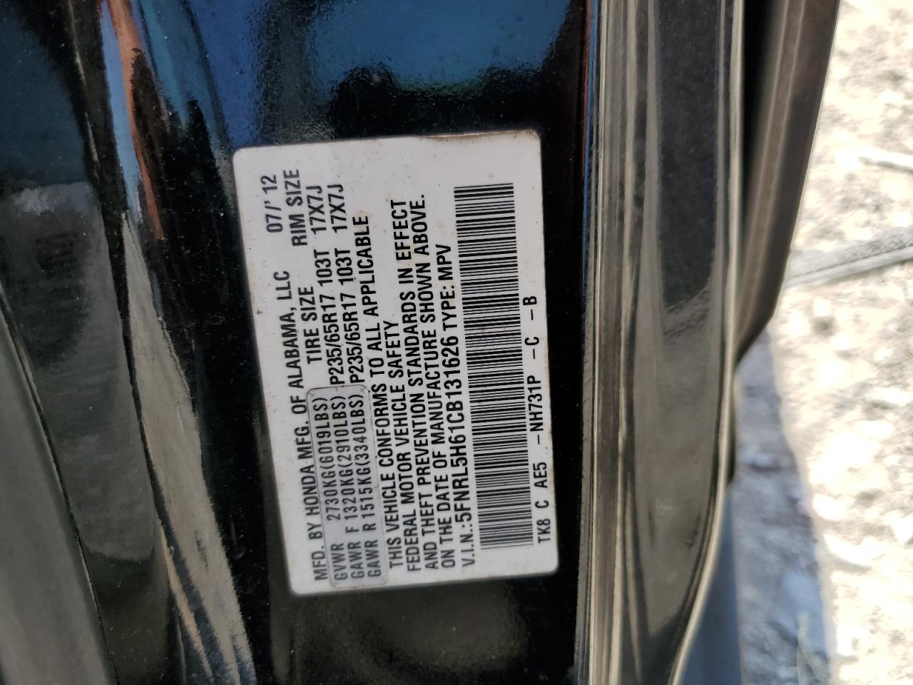 2012 Honda Odyssey Exl VIN: 5FNRL5H61CB131626 Lot: 80277885