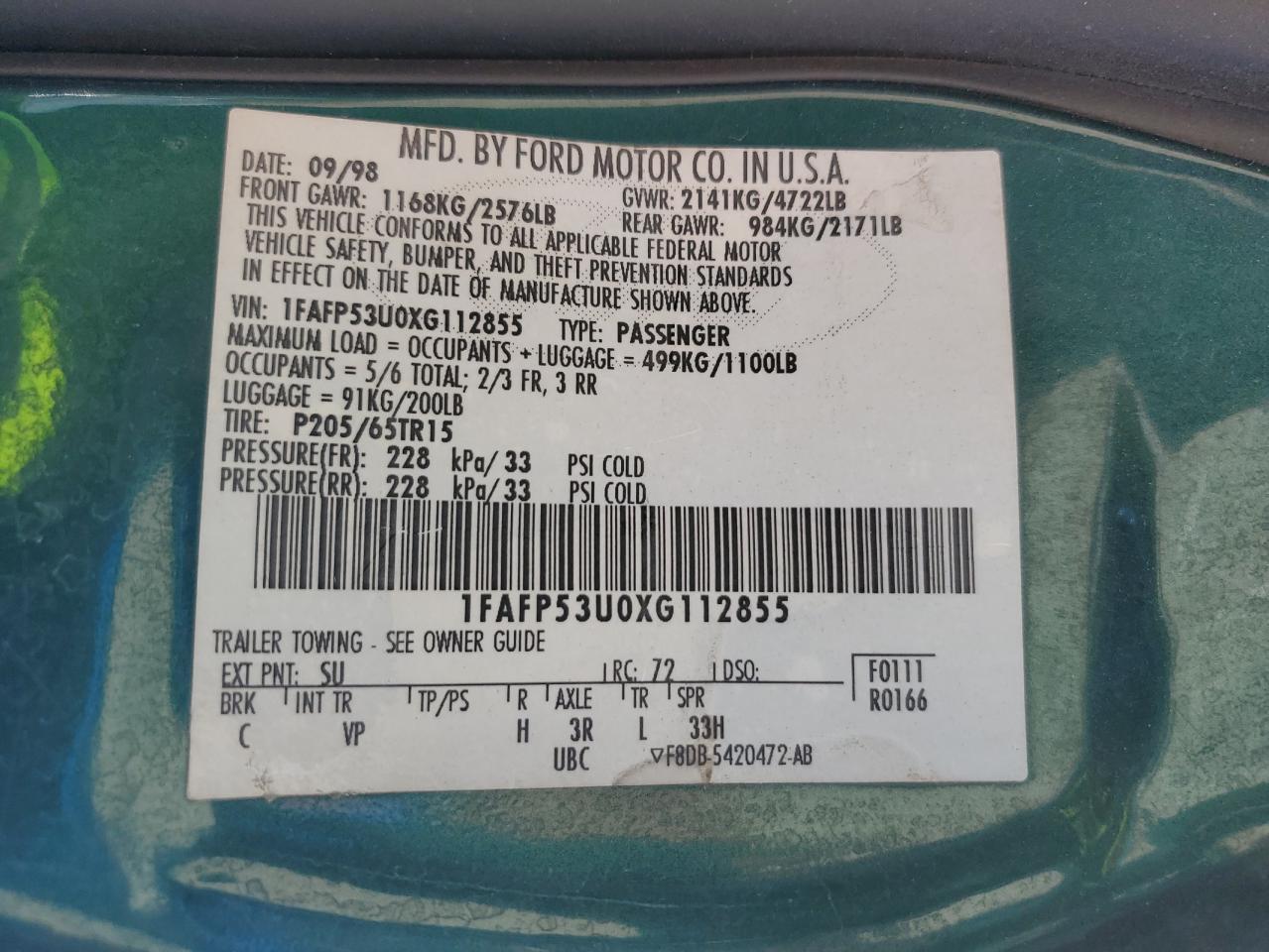 1999 Ford Taurus Se VIN: 1FAFP53U0XG112855 Lot: 80790835