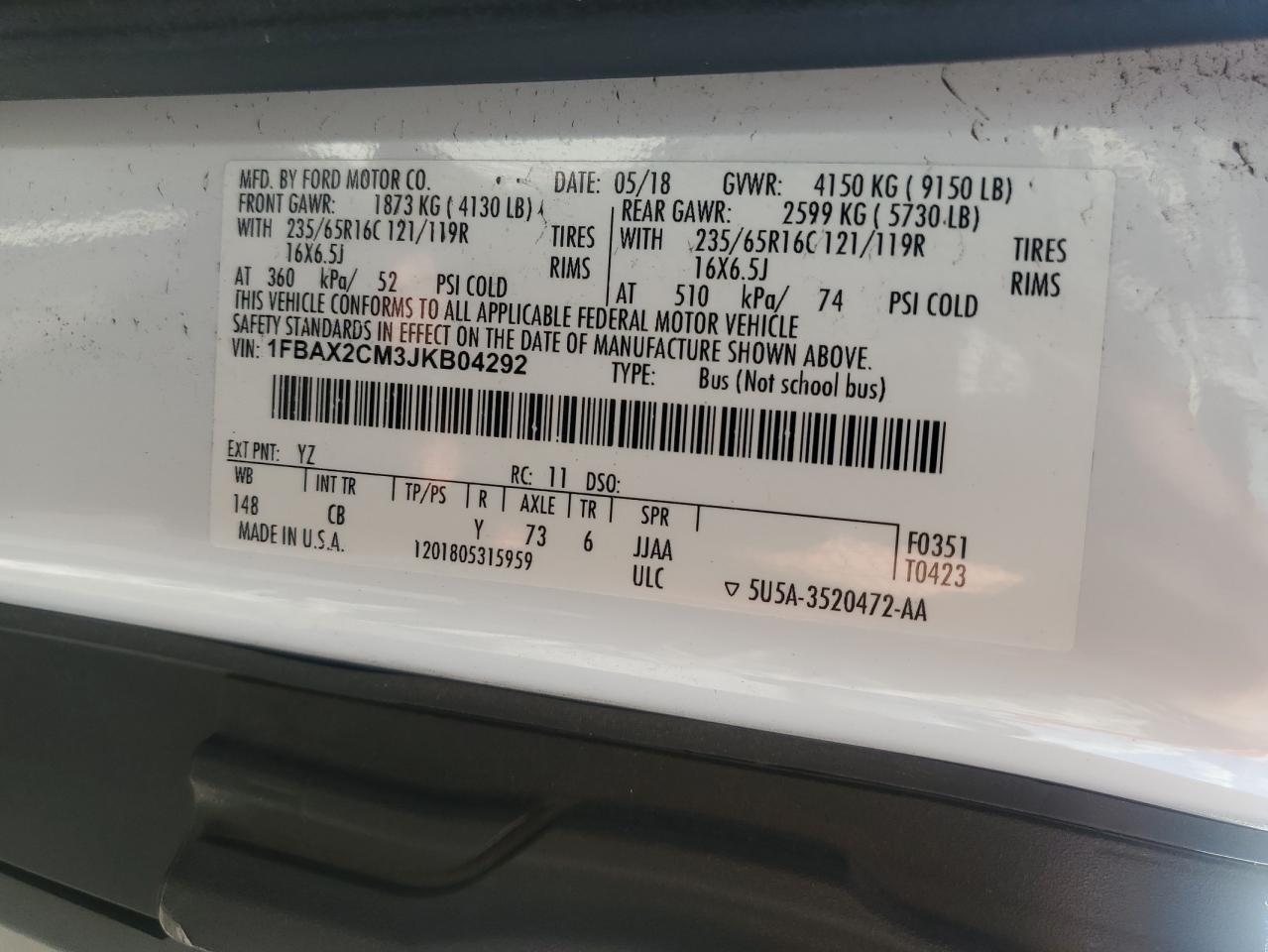 2018 Ford Transit T-350 VIN: 1FBAX2CM3JKB04292 Lot: 70920155