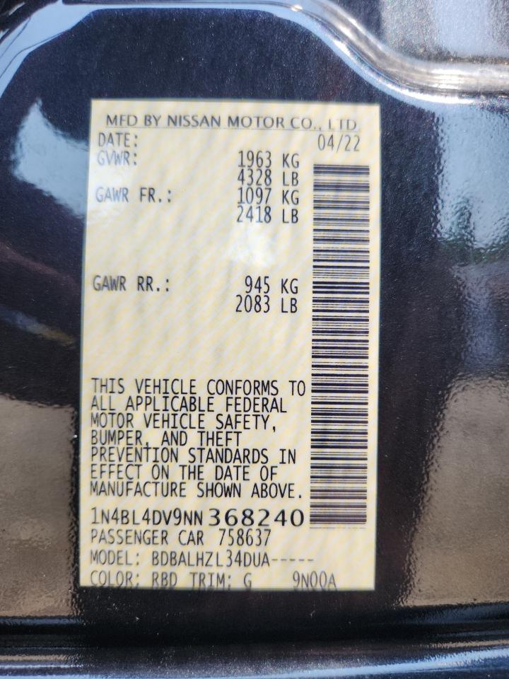 2022 Nissan Altima Sv VIN: 1N4BL4DV9NN368240 Lot: 81267235