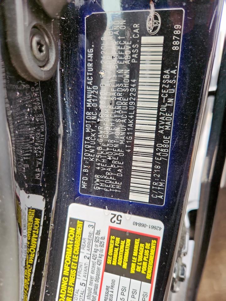 2020 Toyota Camry Se VIN: 4T1G11AK4LU922944 Lot: 80901695