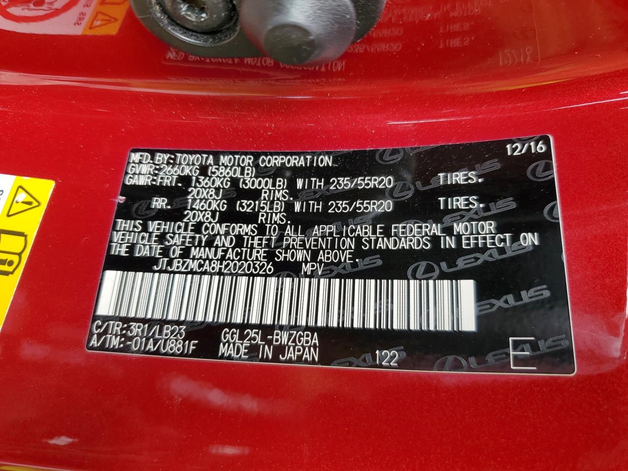 2017 Lexus Rx 350 Base VIN: JTJBZMCA8H2020326 Lot: 80795745