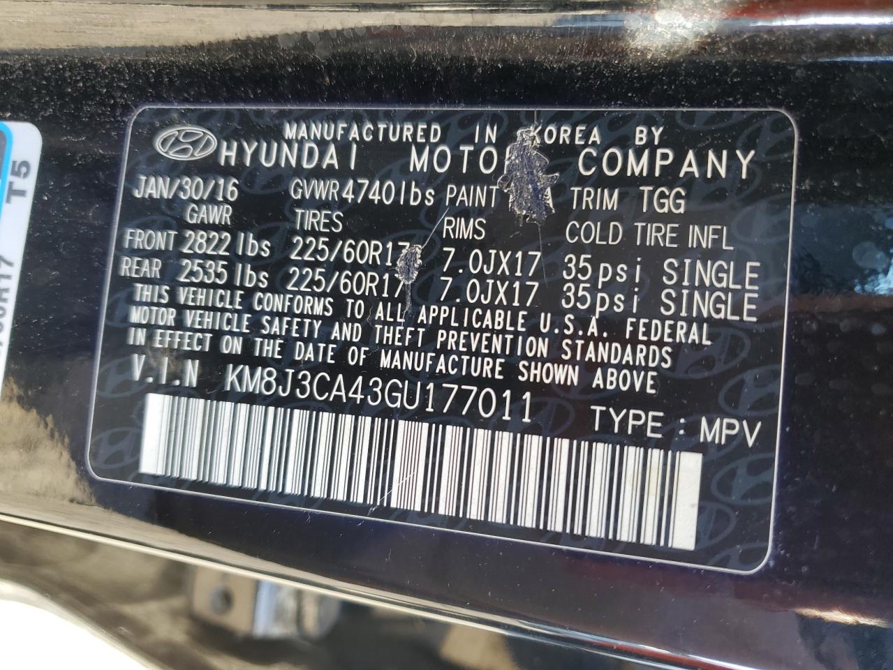 2016 Hyundai Tucson Limited VIN: KM8J3CA43GU177011 Lot: 71662395