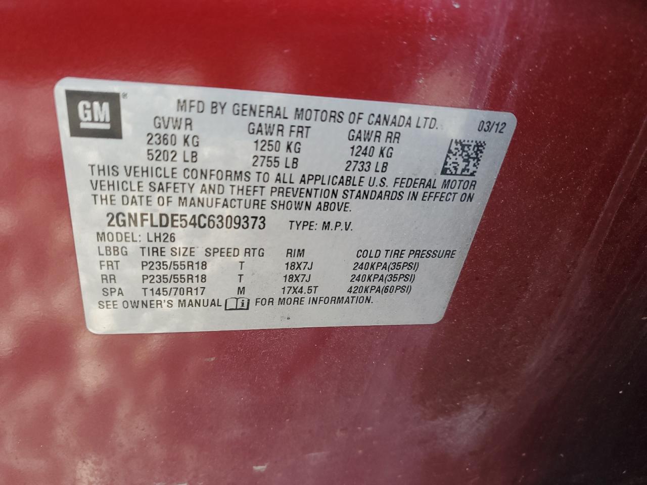 2012 Chevrolet Equinox Lt VIN: 2GNFLDE54C6309373 Lot: 84451535