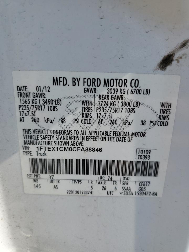 2012 Ford F150 Super Cab VIN: 1FTEX1CM0CFA88846 Lot: 70843025