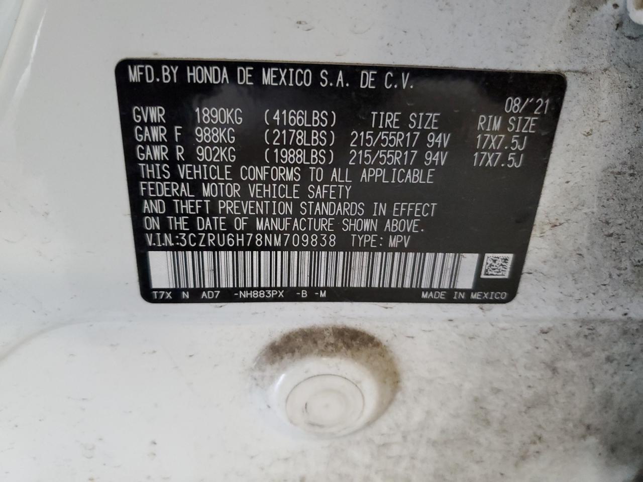 2022 Honda Hr-V Exl VIN: 3CZRU6H78NM709838 Lot: 84885005