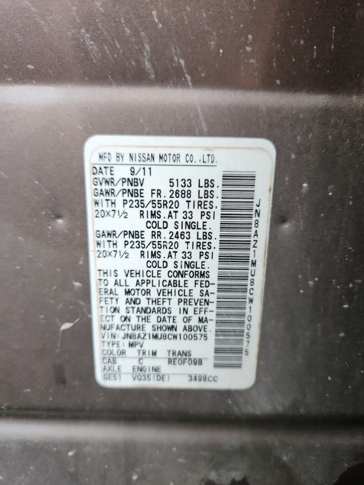 2012 Nissan Murano S VIN: JN8AZ1MU8CW100575 Lot: 81825905