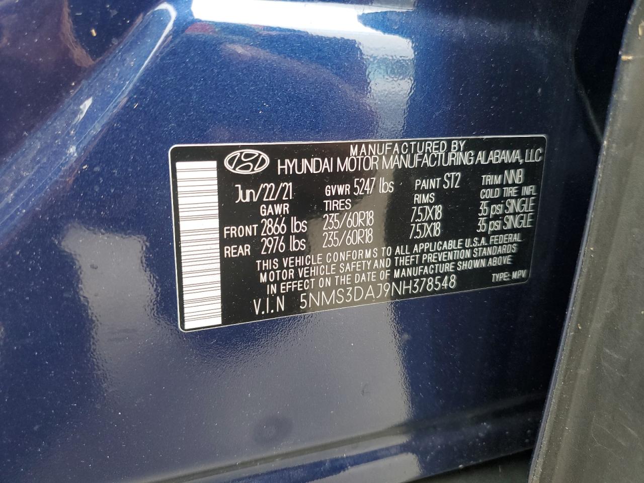 2022 Hyundai Santa Fe Sel VIN: 5NMS3DAJ9NH378548 Lot: 68356415