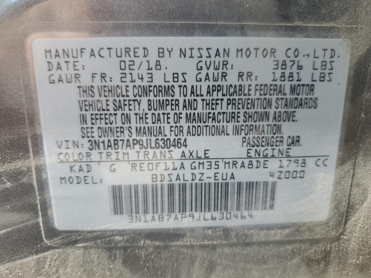 2018 Nissan Sentra S VIN: 3N1AB7AP9JL630464 Lot: 80953495