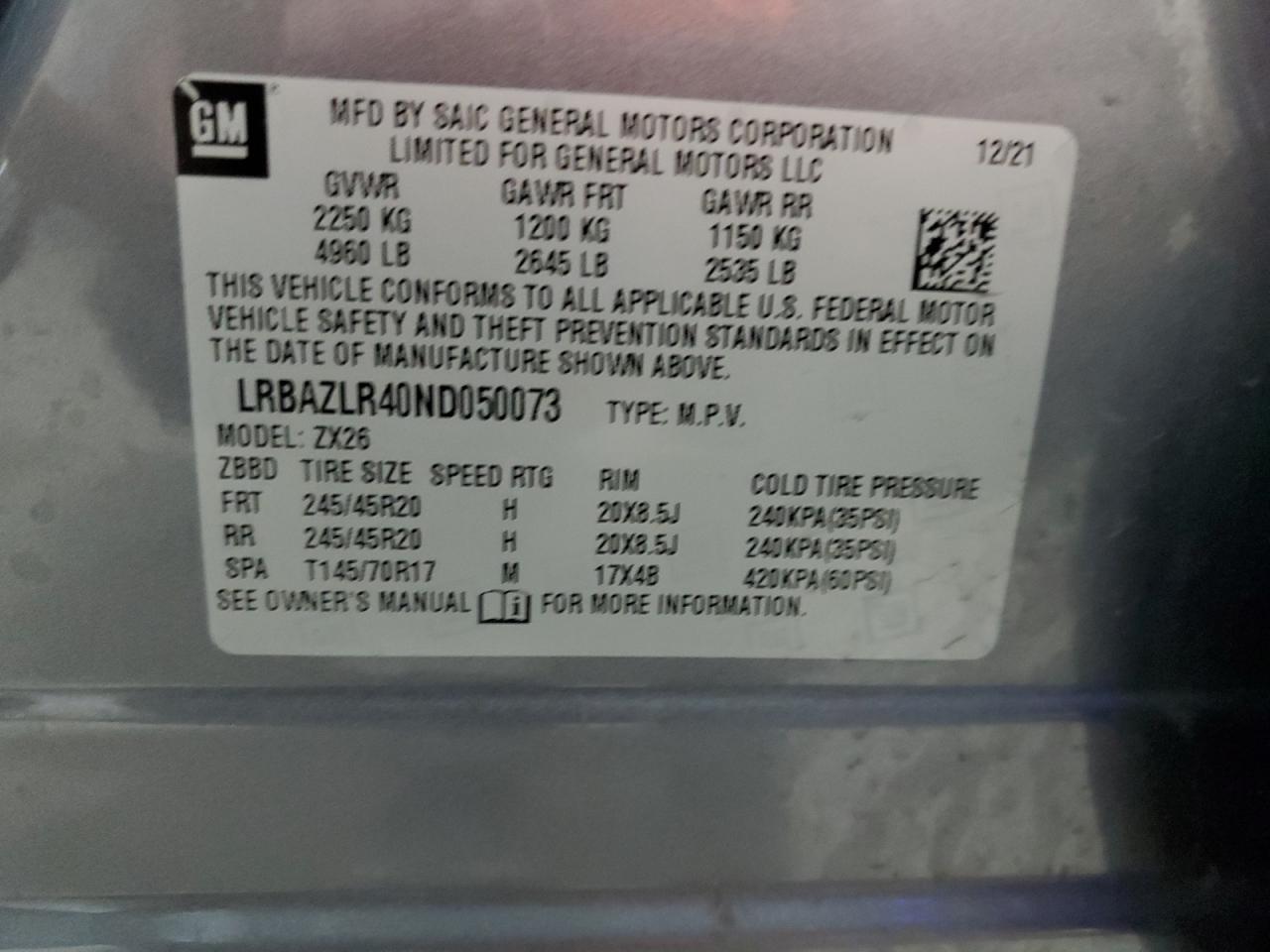 2022 Buick Envision Preferred VIN: LRBAZLR40ND050073 Lot: 70880235