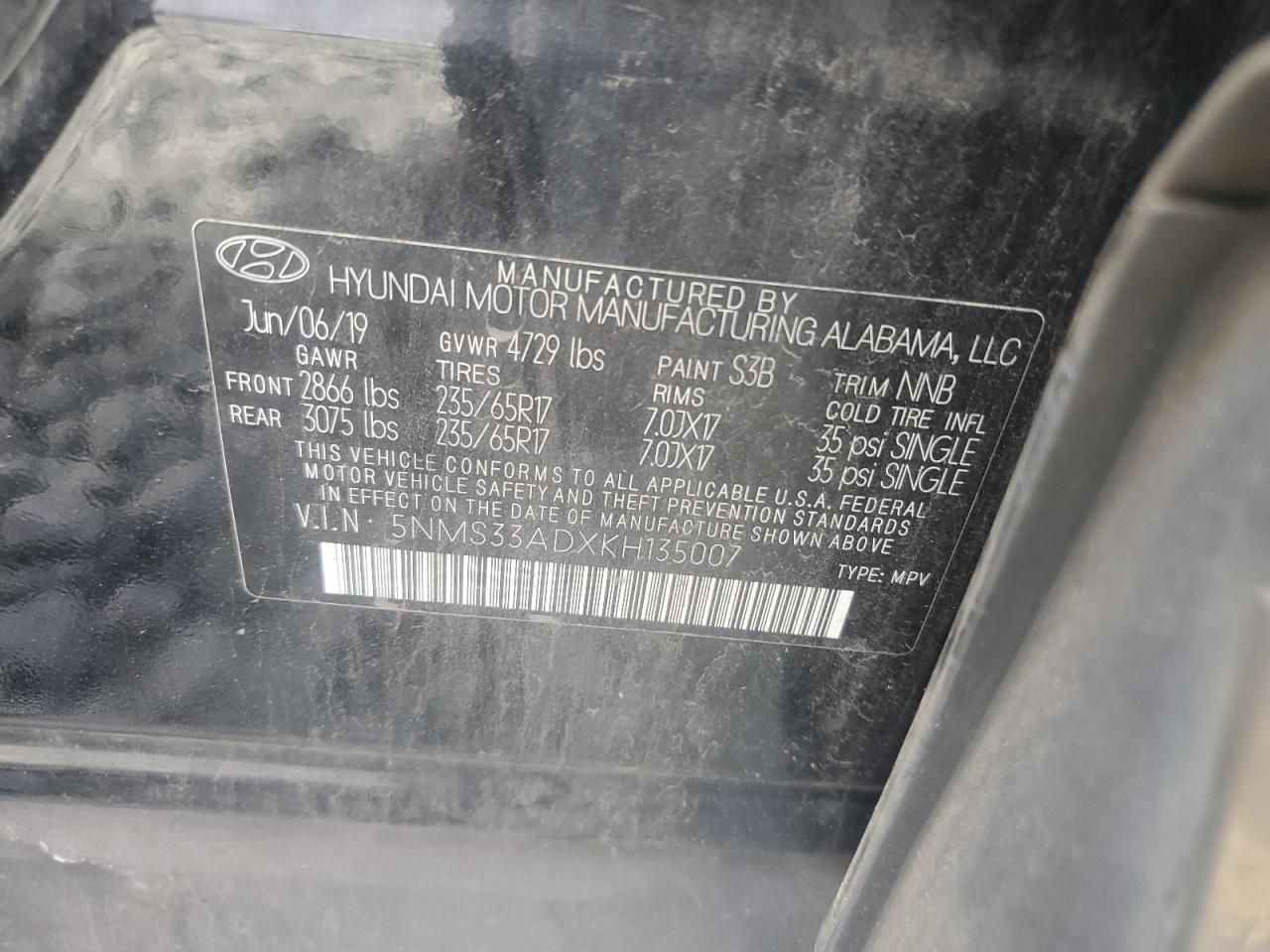 2019 Hyundai Santa Fe Sel VIN: 5NMS33ADXKH135007 Lot: 70116165