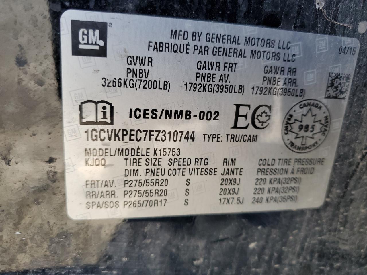 2015 Chevrolet Silverado K1500 VIN: 1GCVKPEC7FZ310744 Lot: 71801705