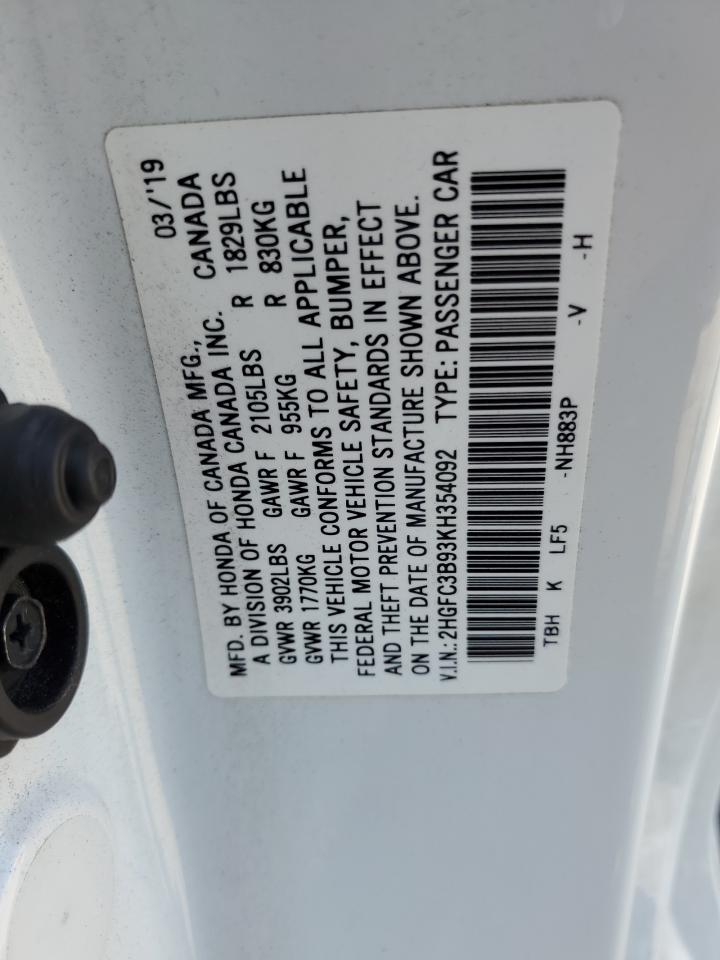 2019 Honda Civic Touring VIN: 2HGFC3B93KH354092 Lot: 72096305