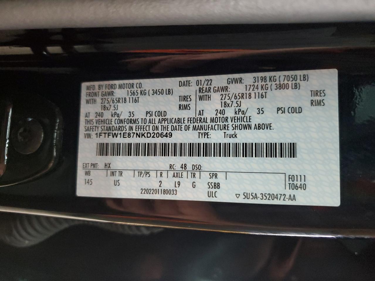 2022 Ford F150 Supercrew VIN: 1FTFW1E87NKD20649 Lot: 81747065