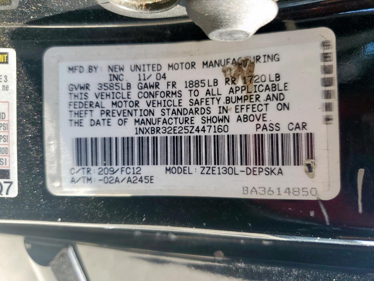 2005 Toyota Corolla Ce VIN: 1NXBR32E25Z447160 Lot: 84588725