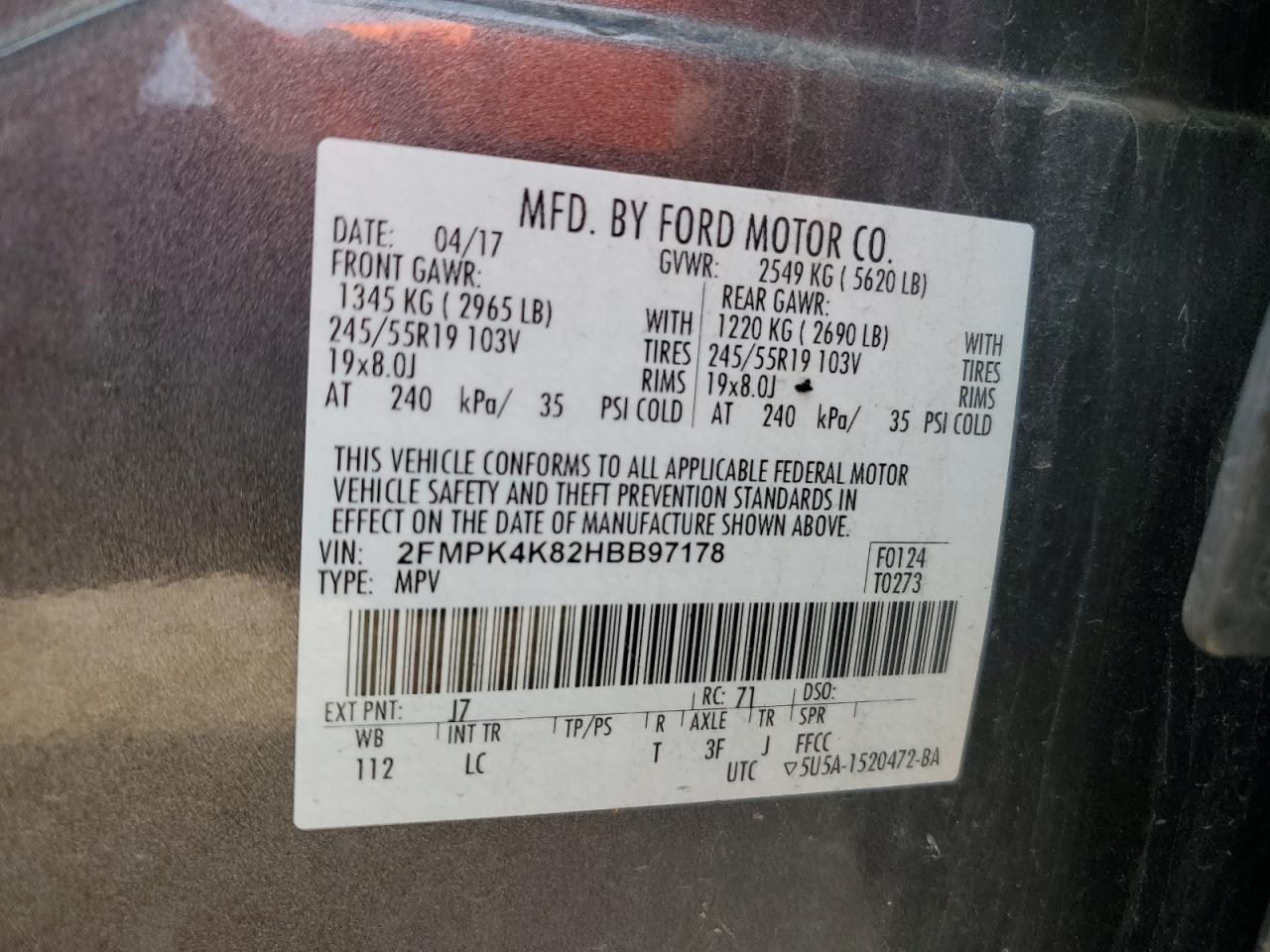 2017 Ford Edge Titanium VIN: 2FMPK4K82HBB97178 Lot: 71626485