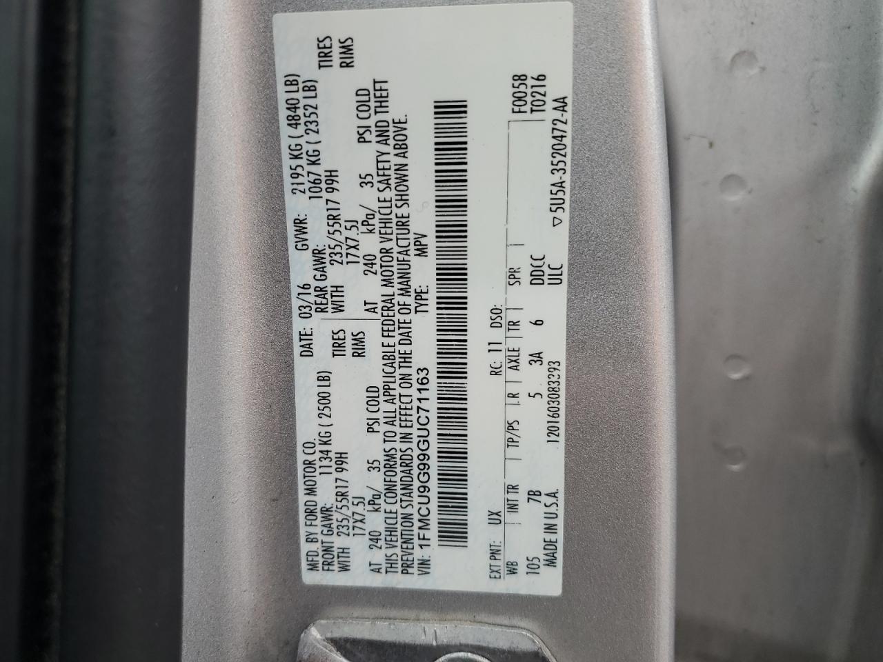 2016 Ford Escape Se VIN: 1FMCU9G99GUC71163 Lot: 81151345