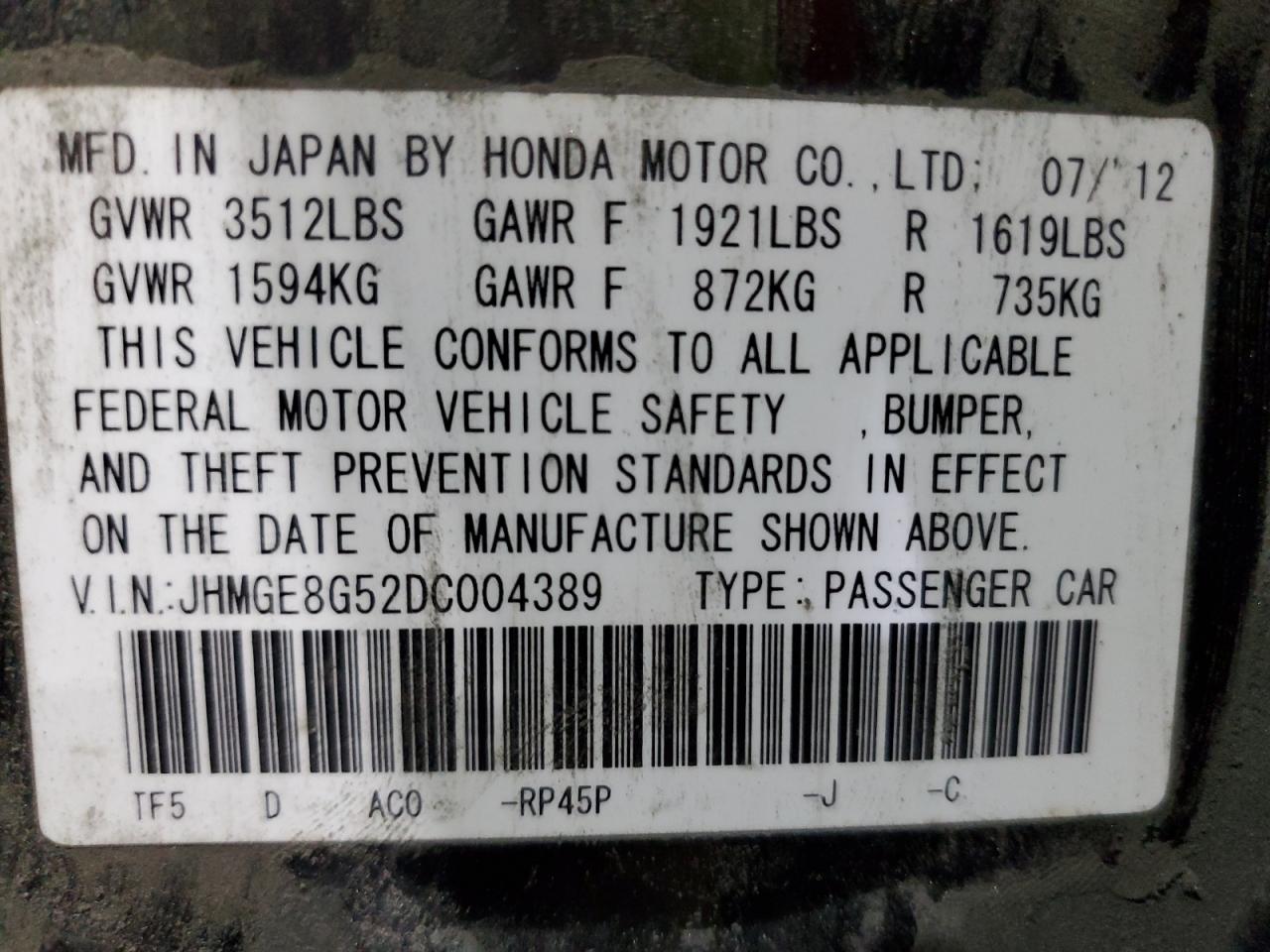2013 Honda Fit Sport VIN: JHMGE8G52DC004389 Lot: 82052685