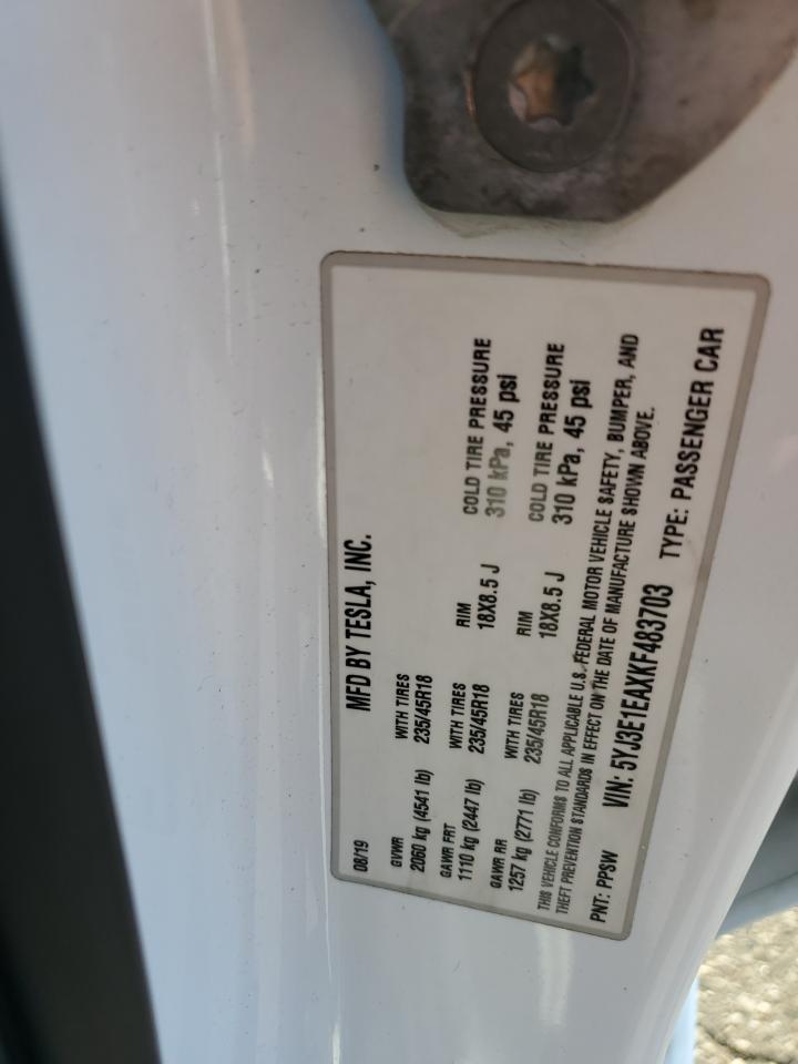 2019 Tesla Model 3 VIN: 5YJ3E1EAXKF483703 Lot: 81238305