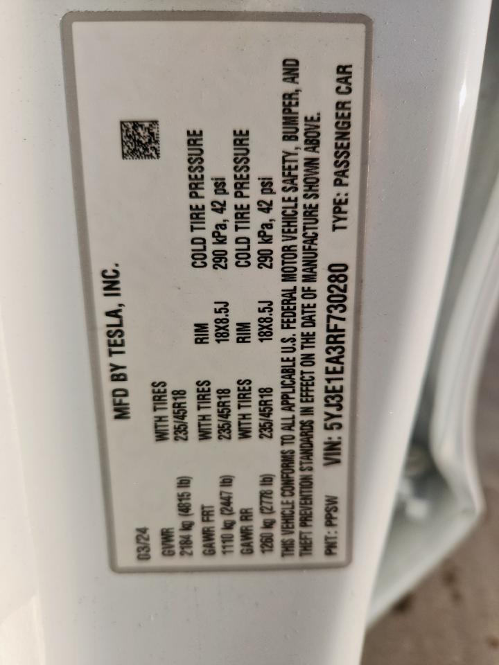 2024 Tesla Model 3 VIN: 5YJ3E1EA3RF730280 Lot: 71483455
