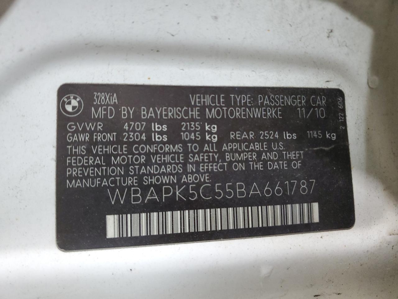 2011 BMW 328 Xi Sulev VIN: WBAPK5C55BA661787 Lot: 83868165