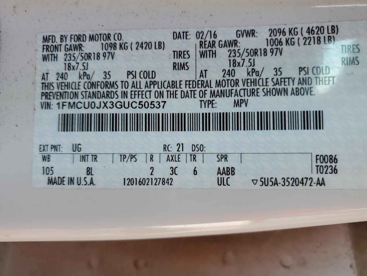 2016 Ford Escape Titanium VIN: 1FMCU0JX3GUC50537 Lot: 80802895