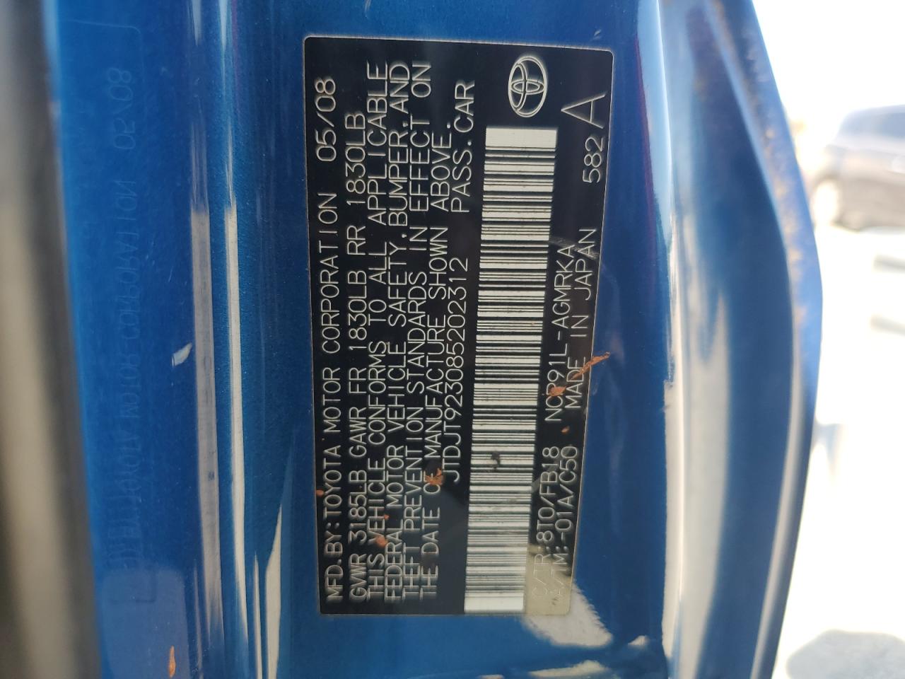 2008 Toyota Yaris VIN: JTDJT923085202312 Lot: 81199445