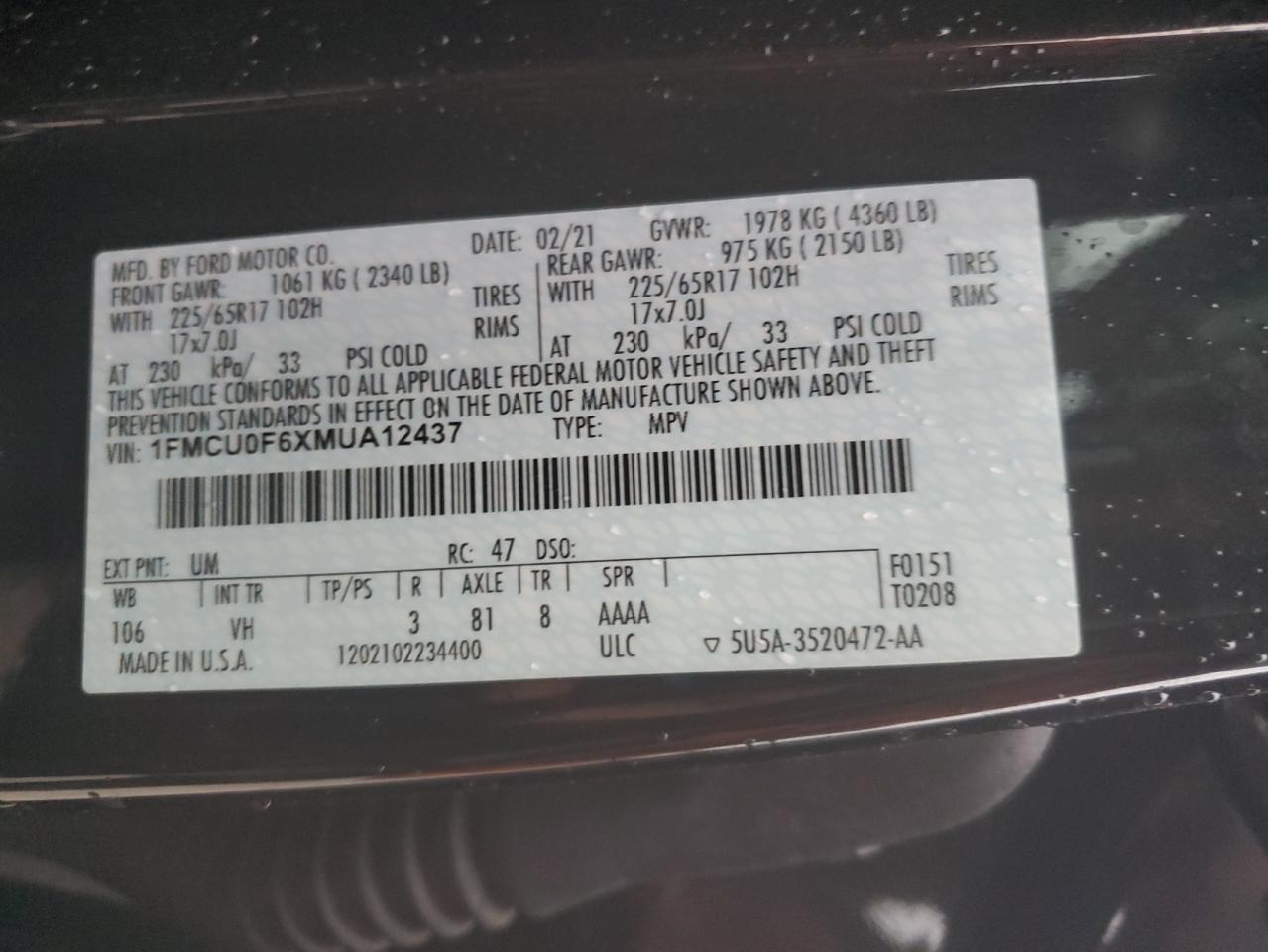 2021 Ford Escape S VIN: 1FMCU0F6XMUA12437 Lot: 81600115