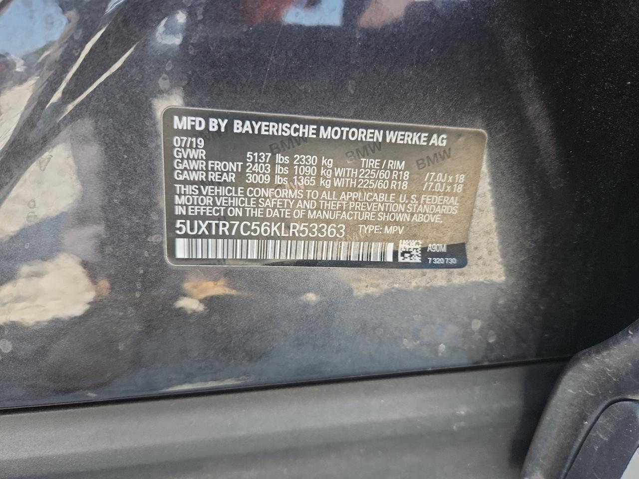 2019 BMW X3 Sdrive30I VIN: 5UXTR7C56KLR53363 Lot: 71951705