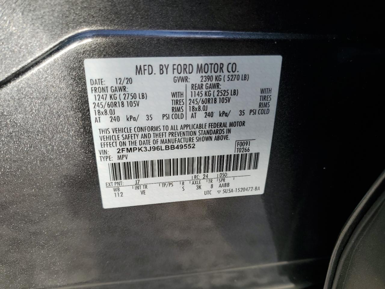 2020 Ford Edge Sel VIN: 2FMPK3J96LBB49552 Lot: 81449485