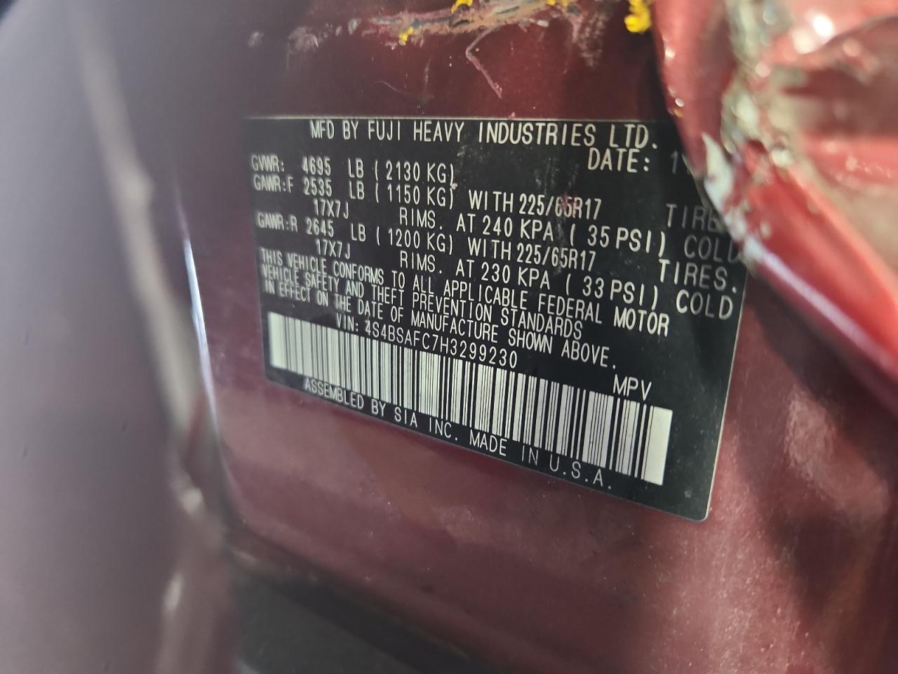 2017 Subaru Outback 2.5I Premium VIN: 4S4BSAFC7H3299230 Lot: 80153965